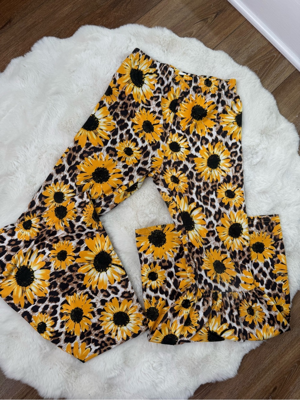 Girls Yellow Sunflower Leopard Print Flare Leggings